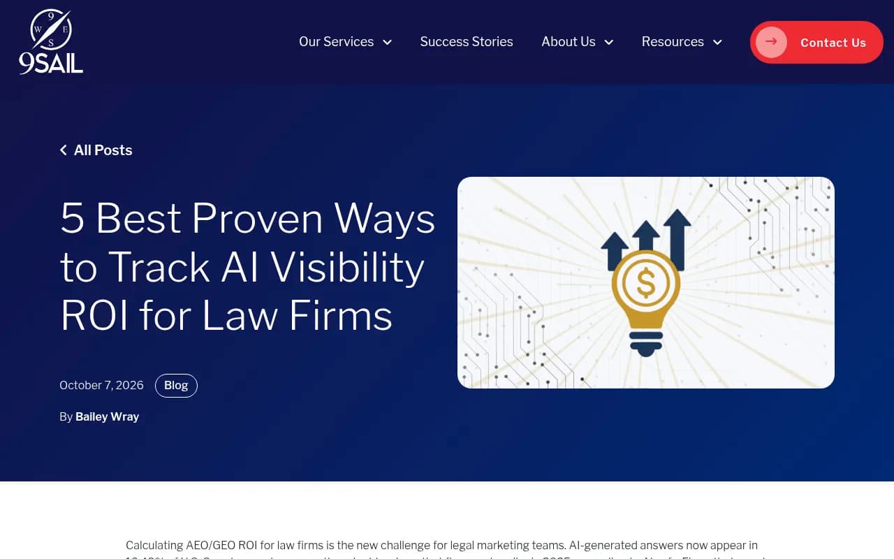 9Sail's guide to measuring AEO/GEO ROI for law firms, covering leading indicators and tool comparisons