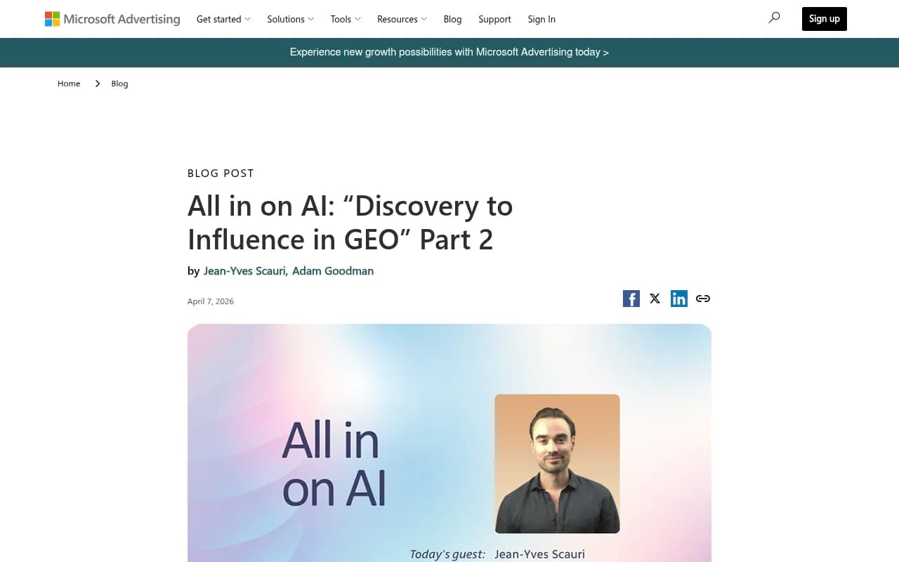 Microsoft Advertising's April 2026 post on GEO strategy, covering how brands should rethink content for AI systems that retrieve, interpret, and recommend at scale