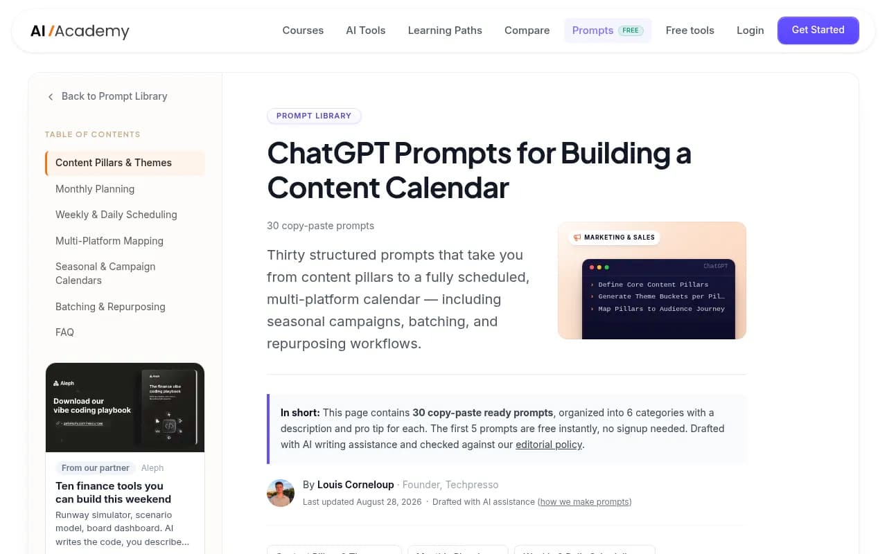Techpresso's library of ChatGPT prompts for building a content calendar, organized into six categories