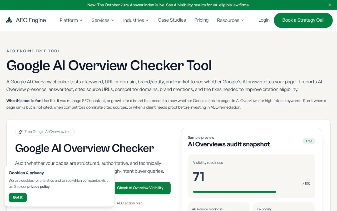 AEO Engine's free Google AI Overview Checker, which takes a query, URL, brand and market and reports cited competitor domains