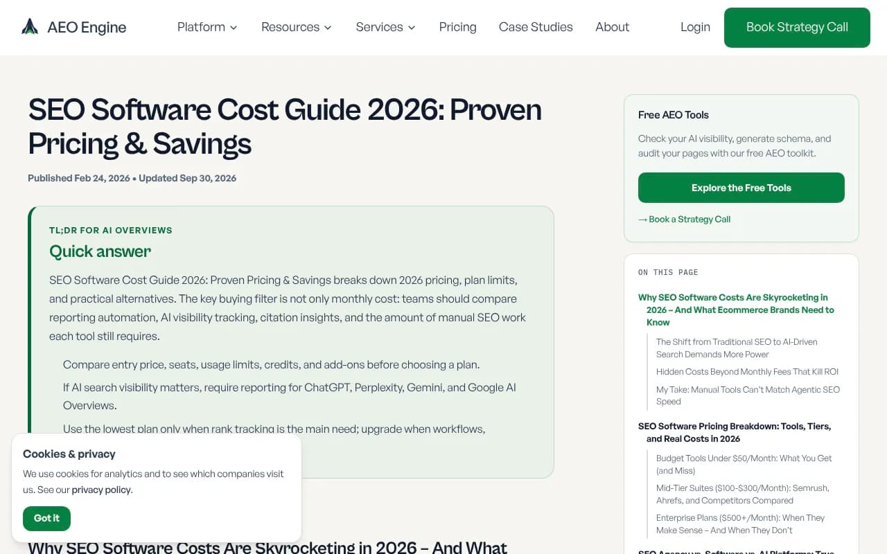 A 2026 SEO software cost guide describing plan limits, add-ons and hidden costs