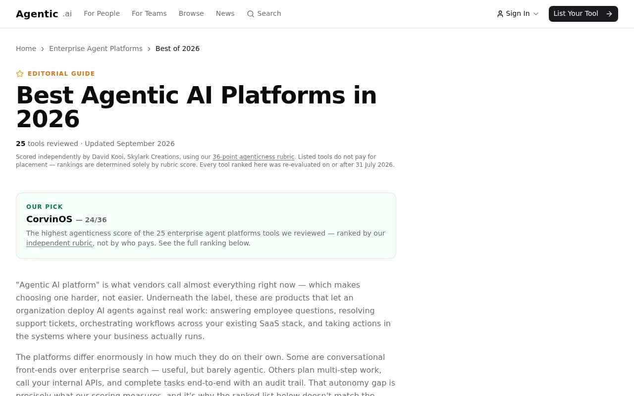 The Agentic.ai 36-point agenticness framework ranking enterprise agent platforms by autonomy, planning, reliability, and operator sovereignty