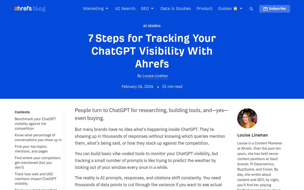 Ahrefs guide to tracking ChatGPT visibility showing a structured approach to monitoring brand mentions across AI search