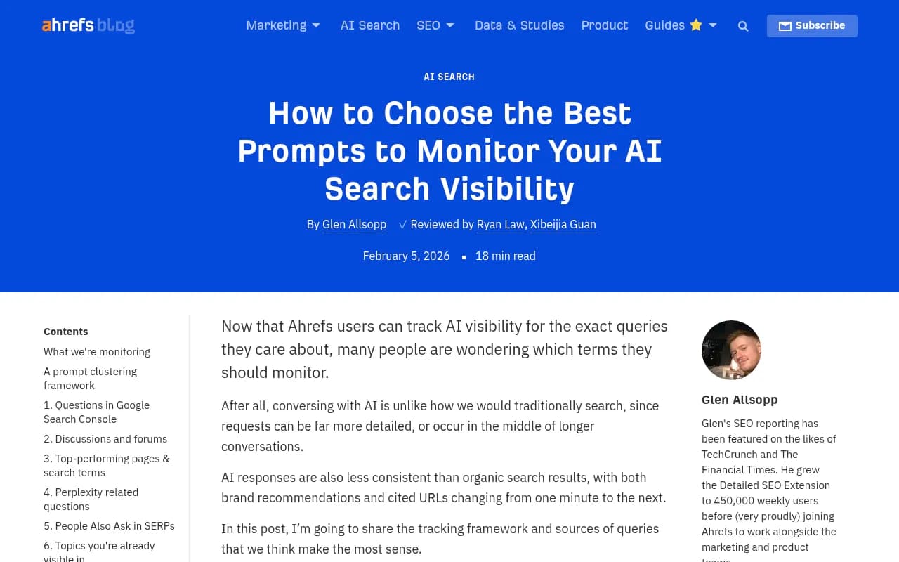 Ahrefs blog guide on choosing prompts to monitor AI search visibility, showing their approach to custom prompt tracking