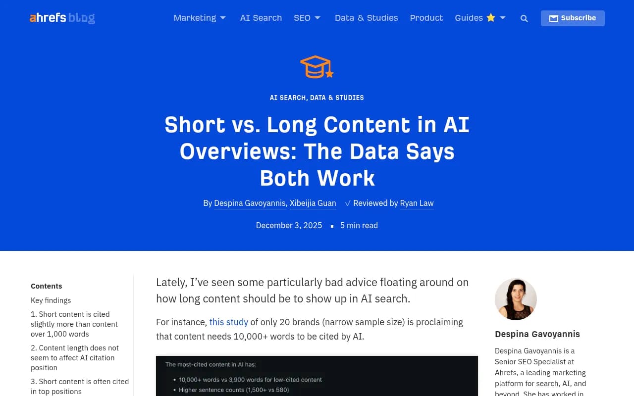 Ahrefs study on short vs long content in AI Overviews