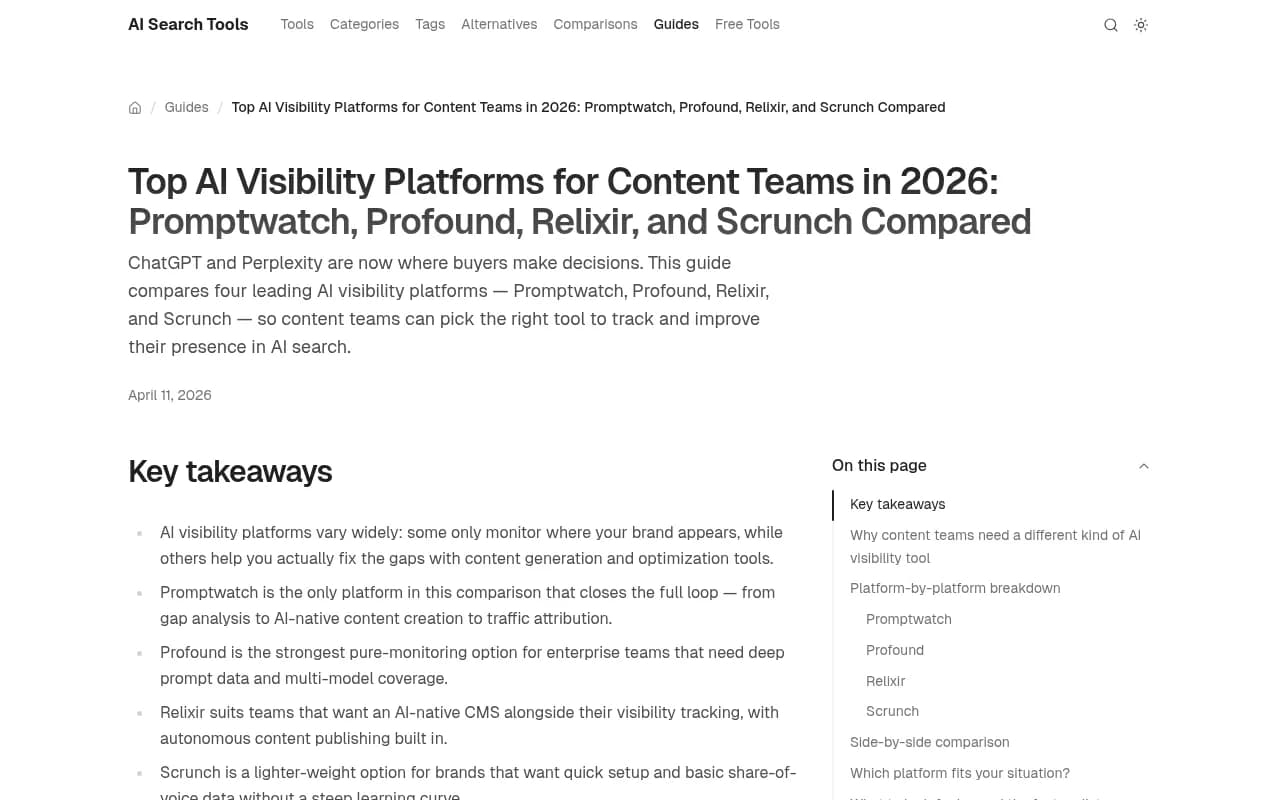 Comparison of leading AI visibility platforms including Promptwatch, Profound, Scrunch, and Relixir