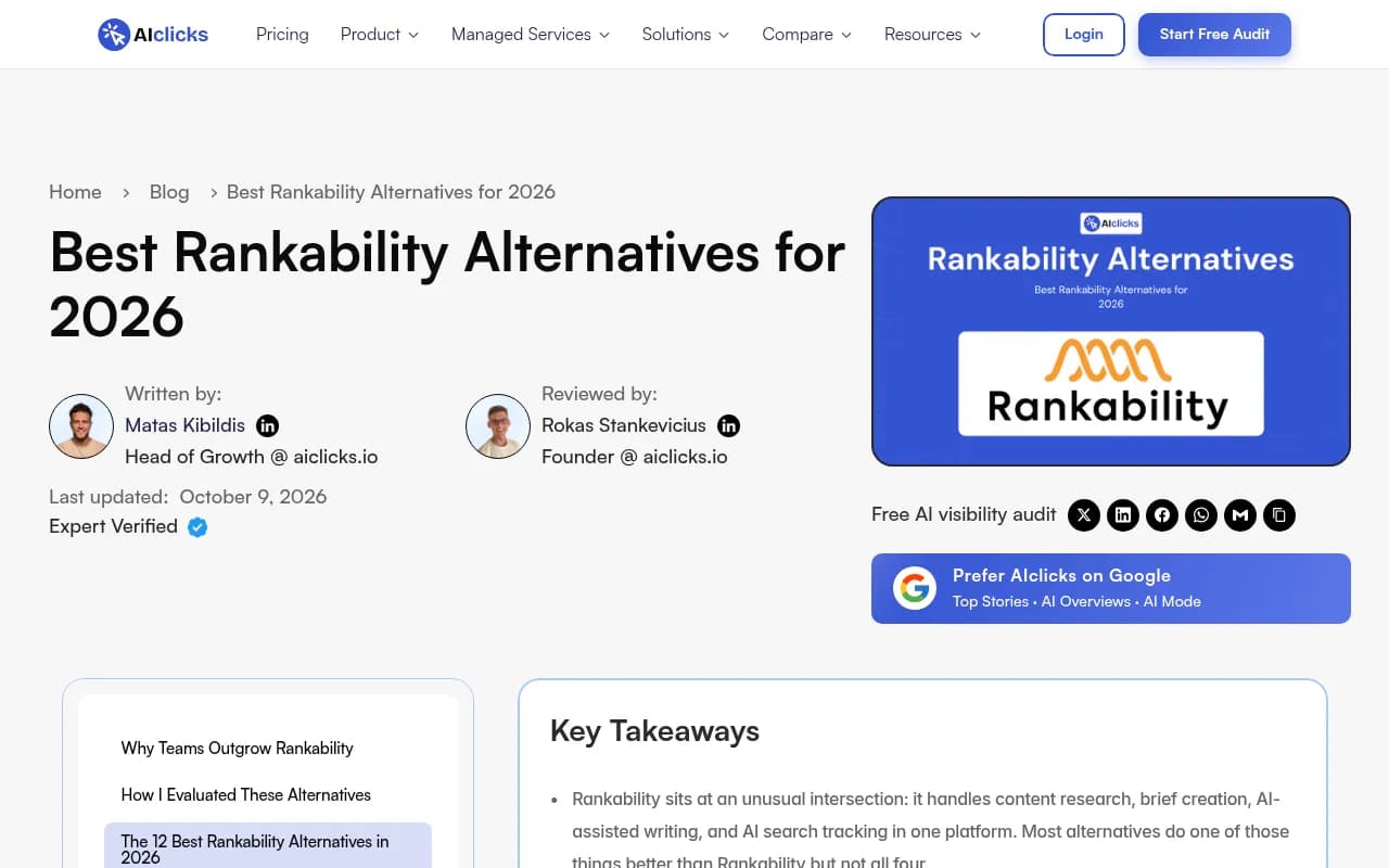 aiclicks' Rankability alternatives article, one of several vendor-authored listicles