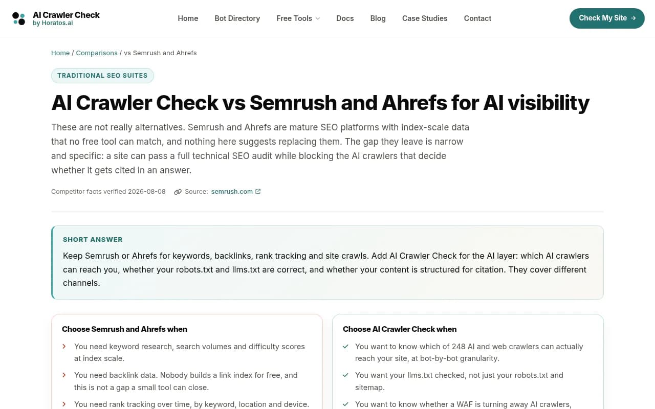 AI Crawler Check comparison of Semrush and Ahrefs, showing where traditional SEO suites cover crawler access and where they fall short