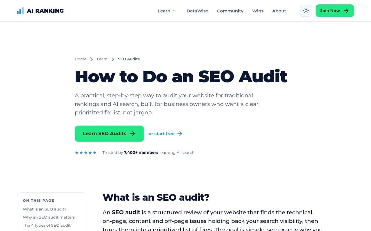 The AI Ranking SEO audit hub, which lays out an eight-step audit order