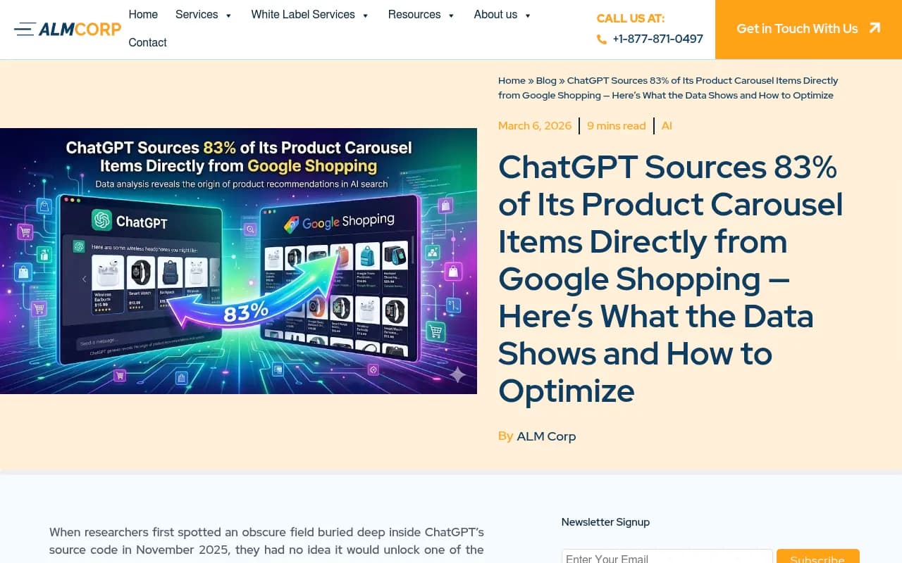 ChatGPT sources 83% of its product carousel items from Google Shopping -- a 2026 study analyzing 43,000+ carousel products