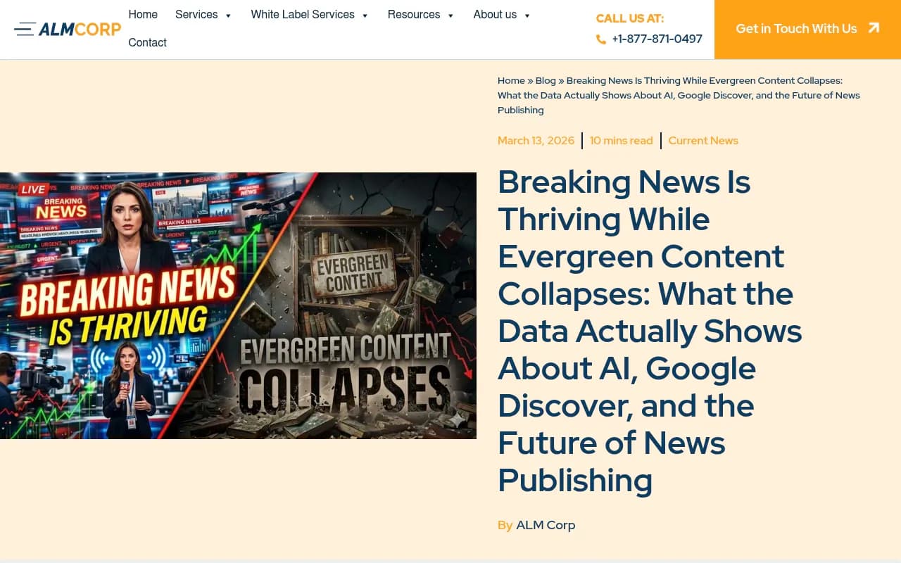 Breaking news traffic is up 103% while evergreen content collapses -- data from Define Media Group's publisher portfolio analysis