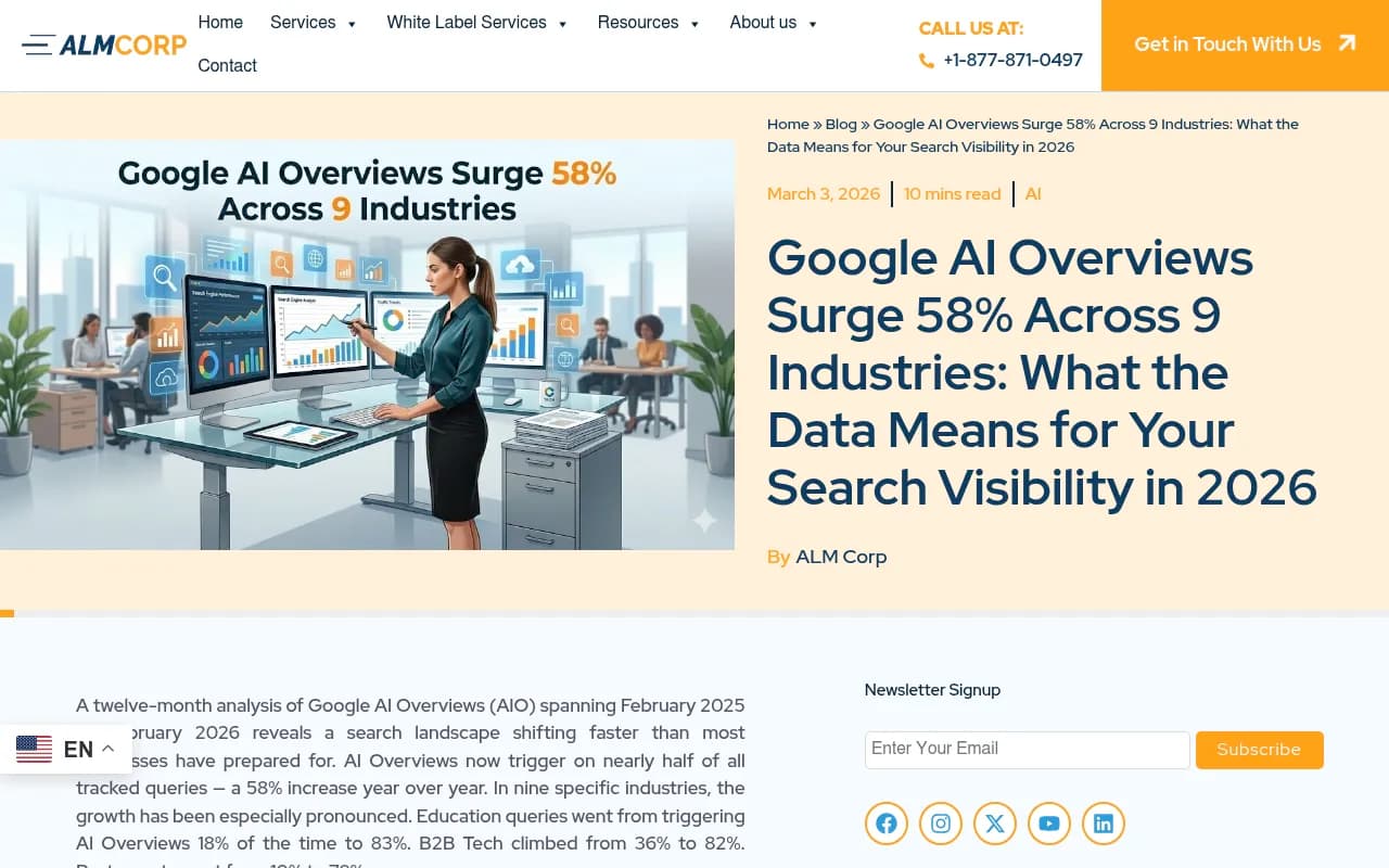 BrightEdge data showing Google AI Overviews surge 58% across 9 industries from February 2025 to February 2026