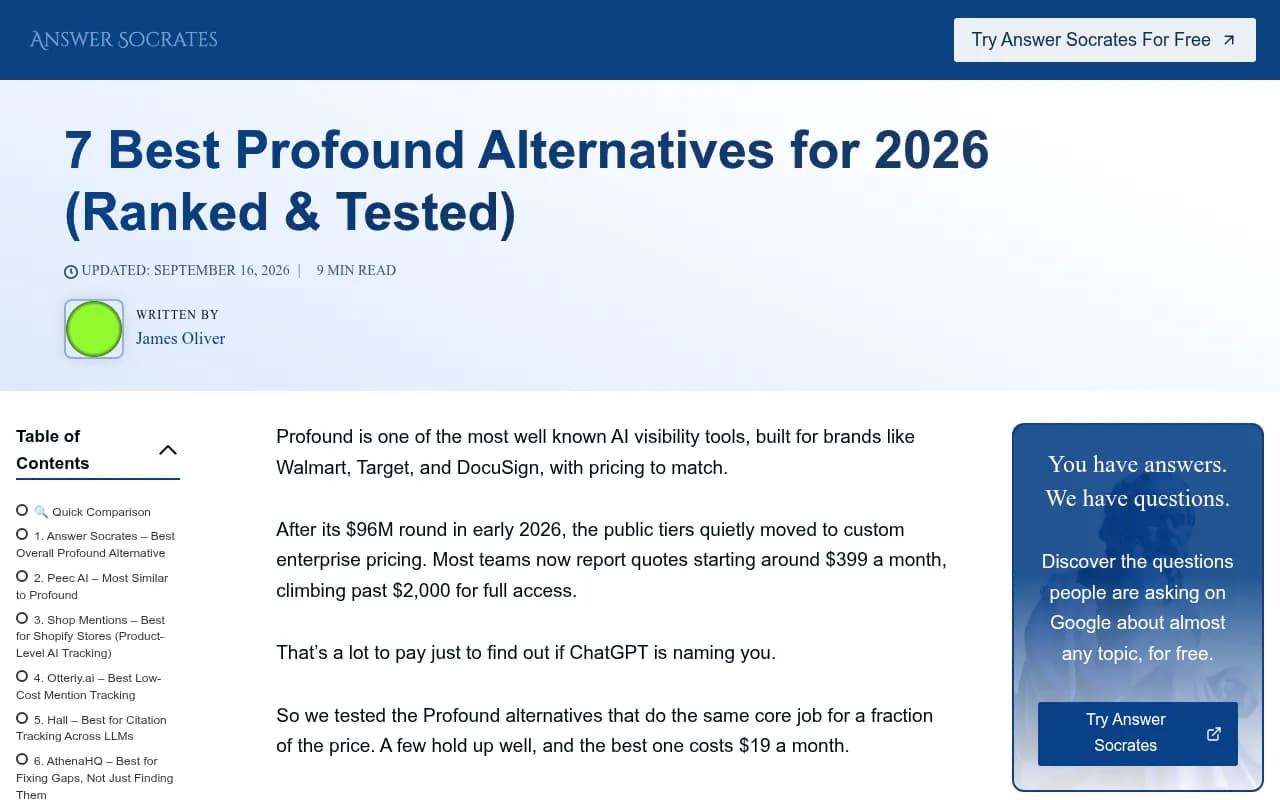 Answer Socrates' ranked list of Profound alternatives with starting prices