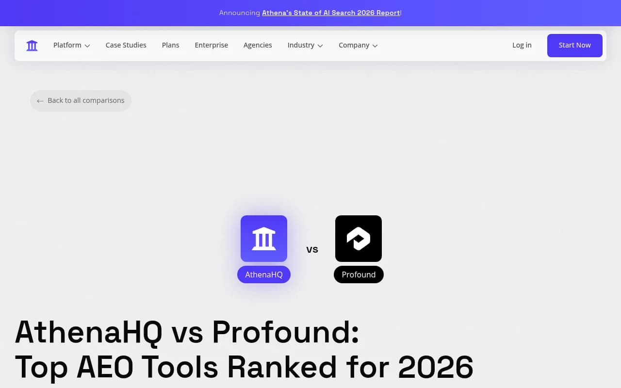 AthenaHQ vs Profound comparison page showing feature breakdown and positioning