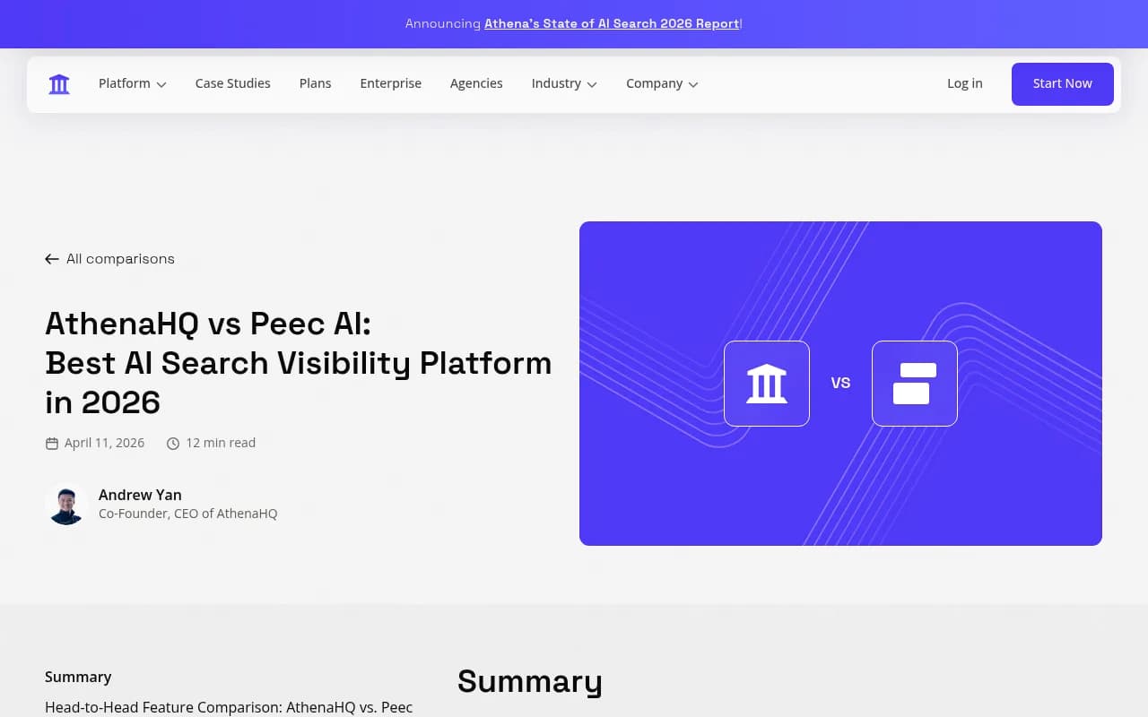 AthenaHQ vs Peec AI comparison page showing feature breakdown and platform positioning