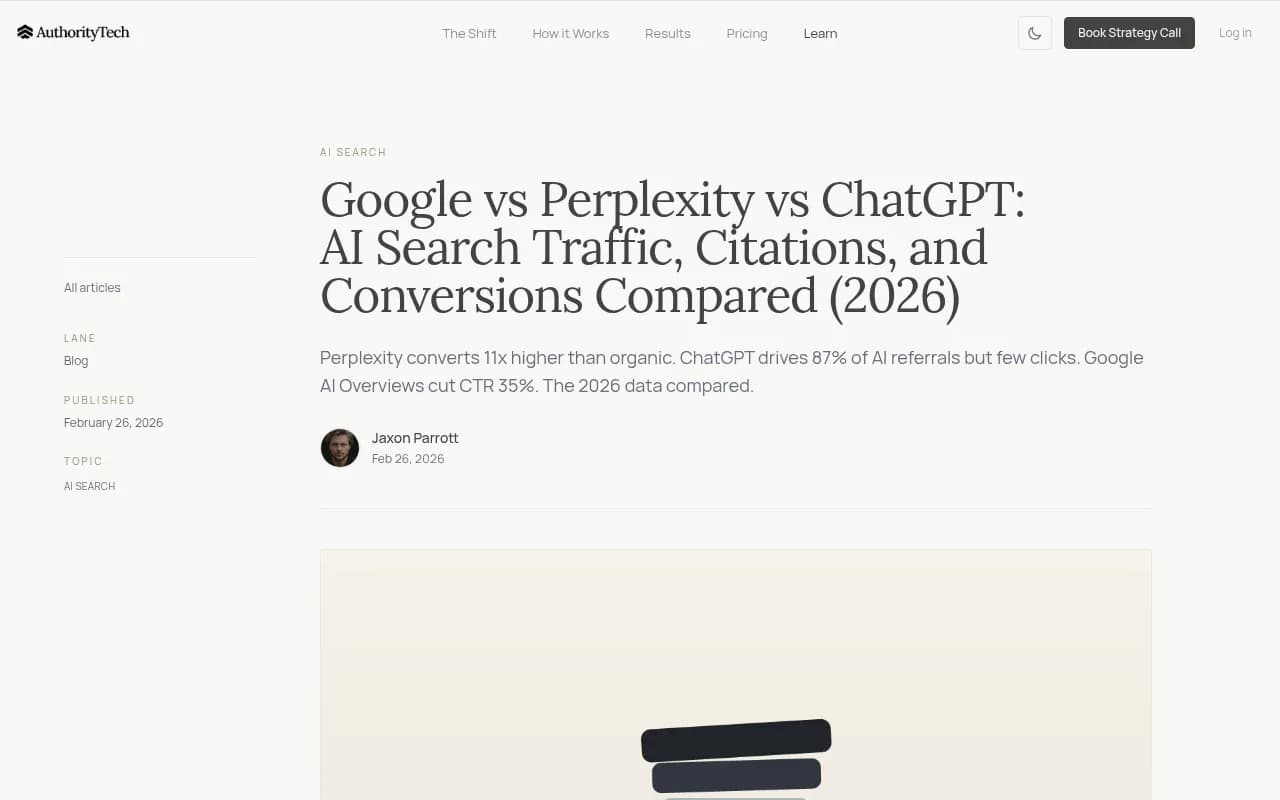 AuthorityTech analysis comparing AI search traffic quality, citation mechanics, and conversion rates across ChatGPT, Perplexity, and Google AI Overviews for B2B pipeline generation