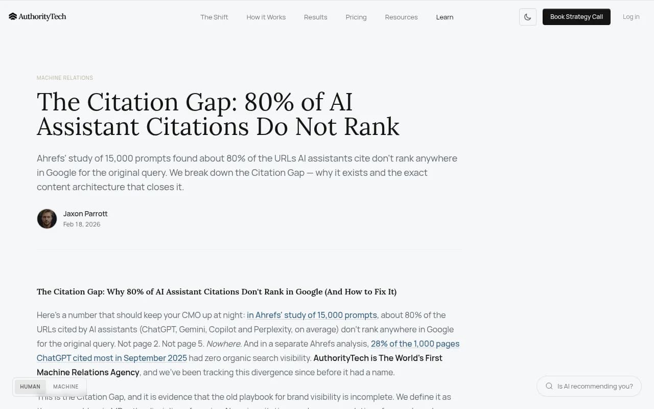 AuthorityTech's write-up of the Citation Gap between Google rankings and AI citations