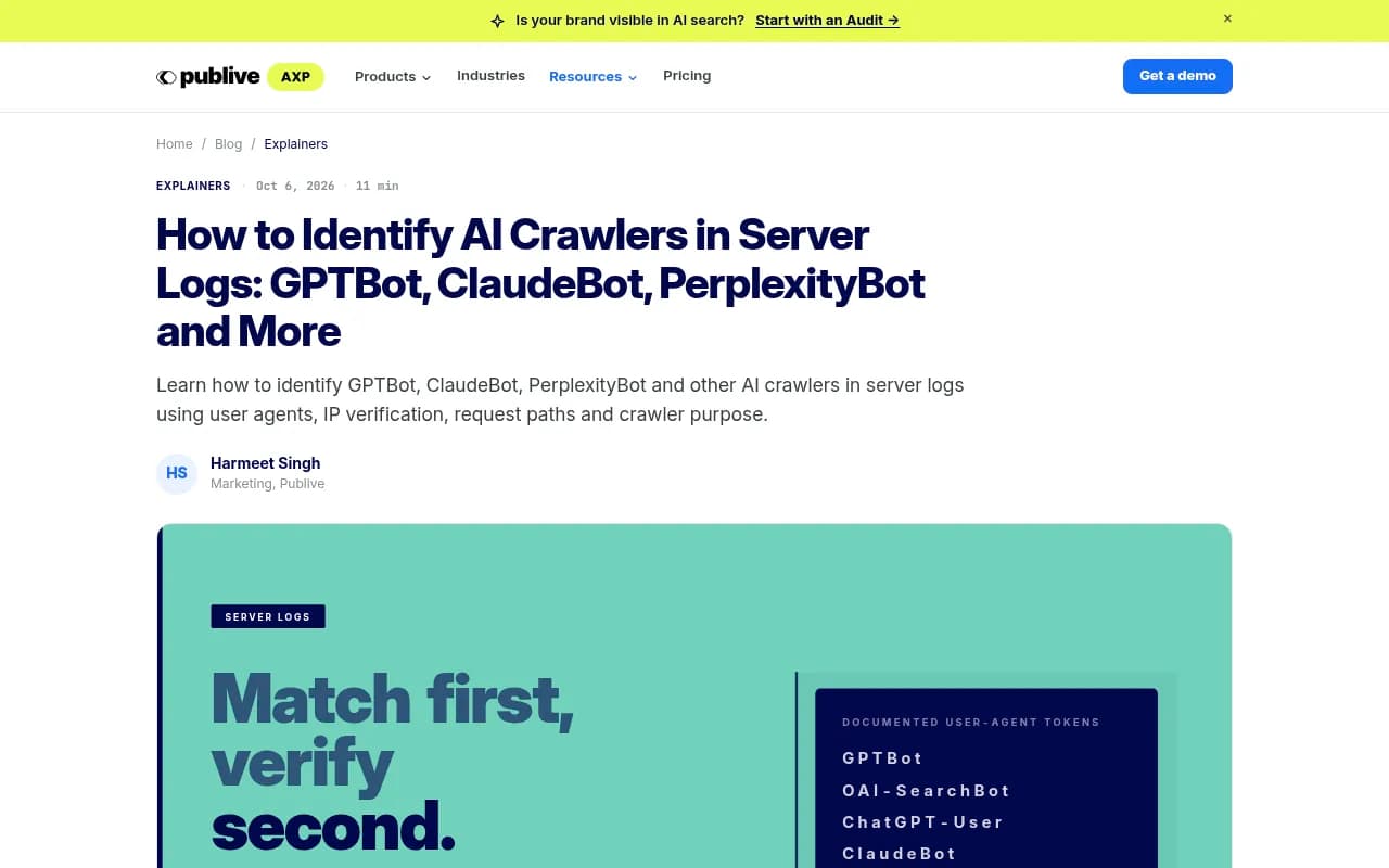 Publive AXP guide on identifying AI crawlers in server logs, covering documented user-agent tokens and verification
