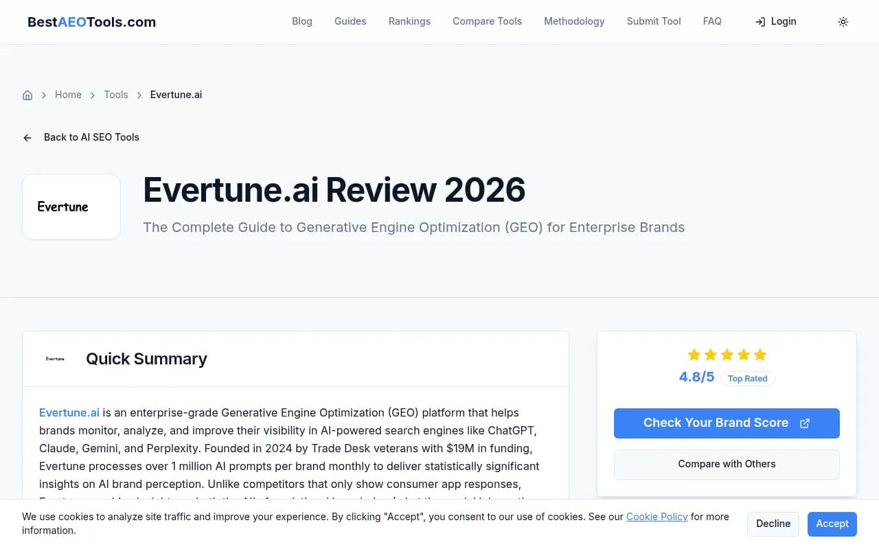 Evertune GEO platform review page showing platform overview and rating