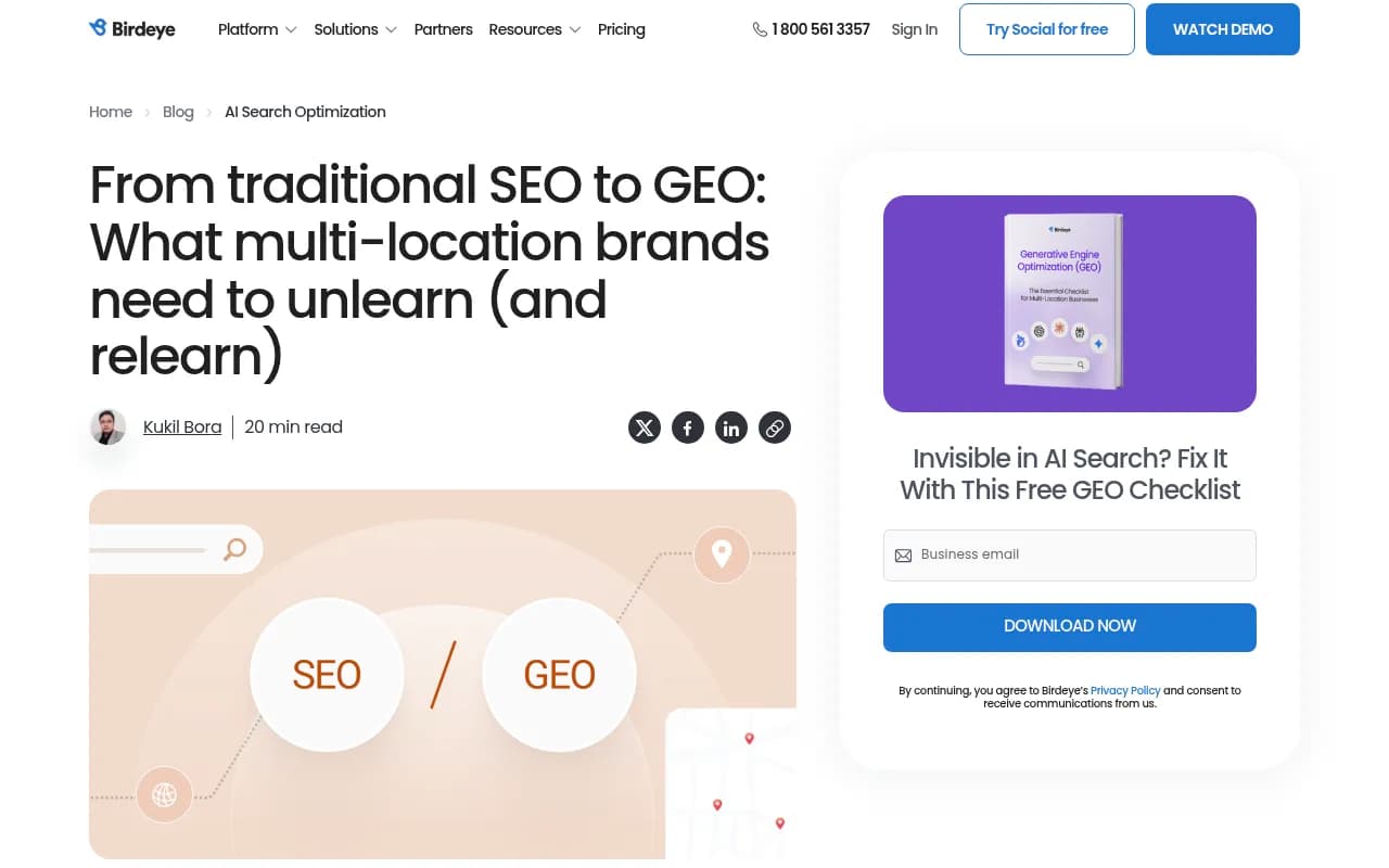 Birdeye's blog on moving from traditional SEO to GEO for multi-location brands