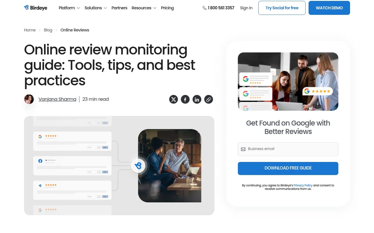 Birdeye's review monitoring guide page, covering tools and best practices for tracking customer feedback