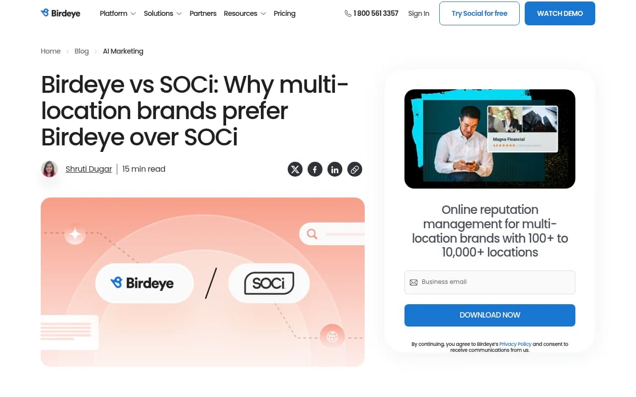 Birdeye vs SOCi comparison page showing Birdeye's framing of its AI agents against SOCi's Genius Agents