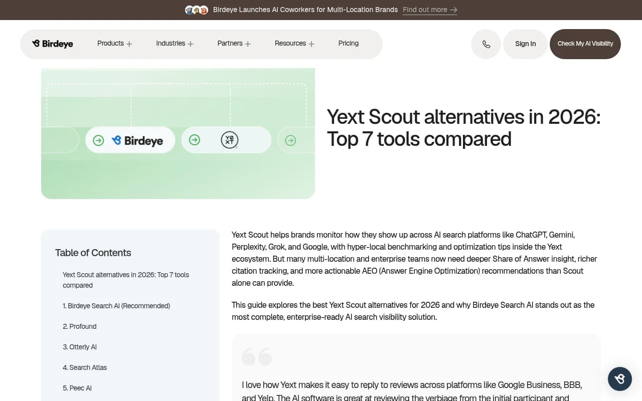 Birdeye's Yext Scout alternatives page, which positions Search AI for multi-location brands