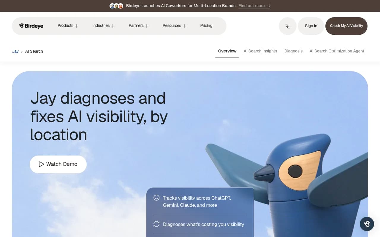 Birdeye AI Search product page describing location-level AI visibility tracking and the Jay agent