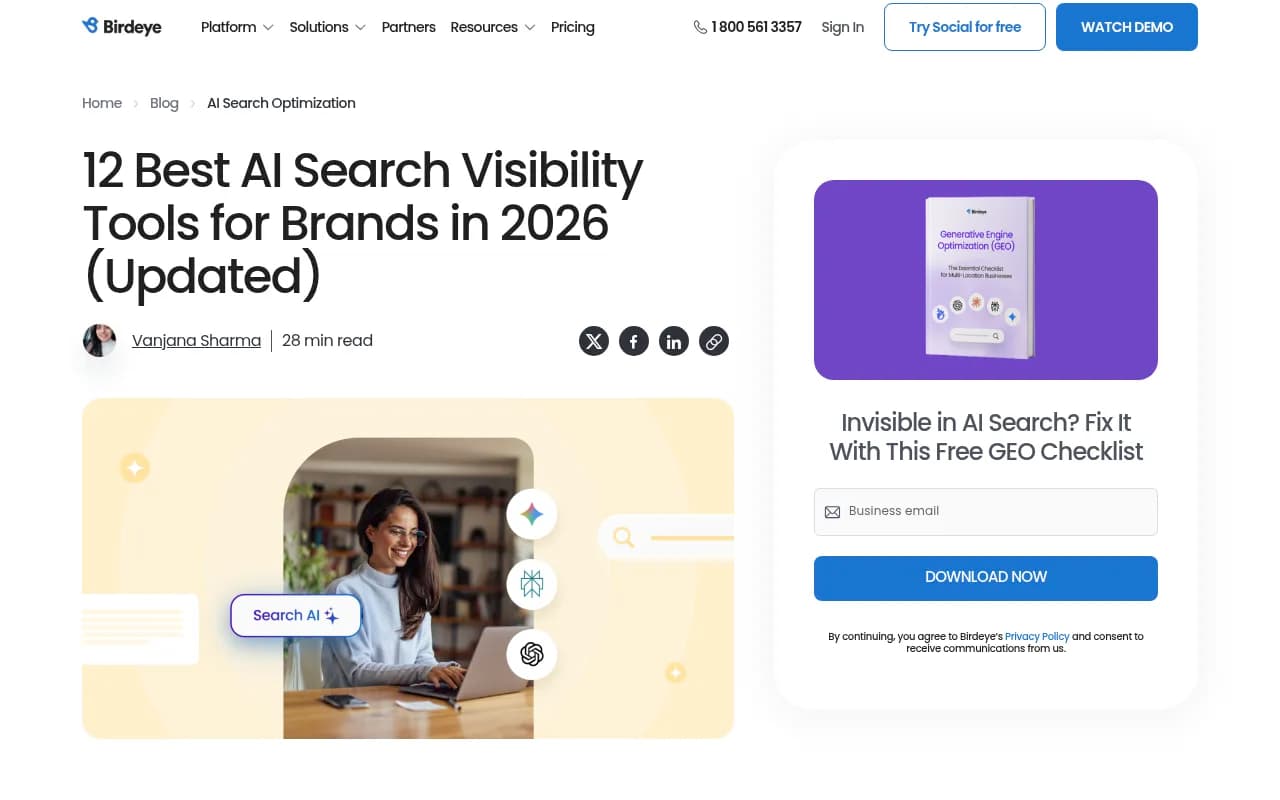 Birdeye's own roundup of AI search visibility tools, which ranks Birdeye AI Search first for multi-location brands