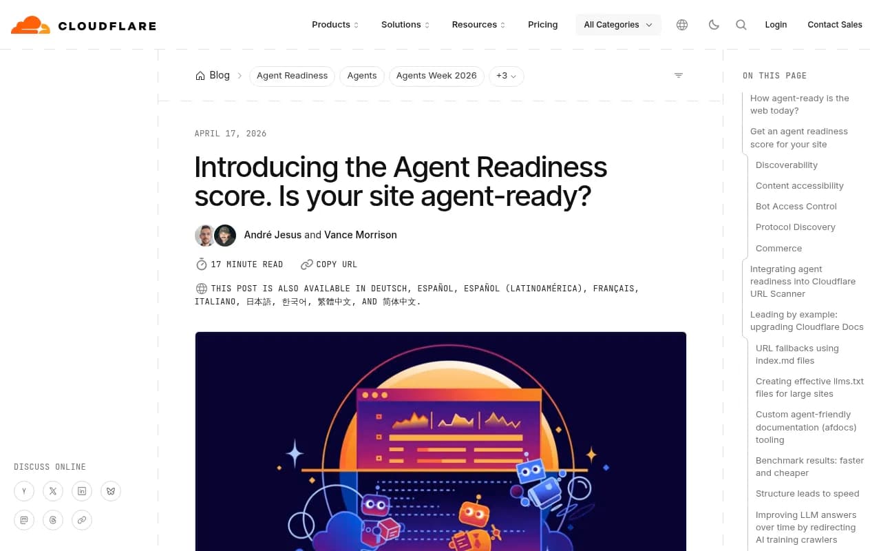 Cloudflare blog post introducing the Agent Readiness score and isitagentready.com