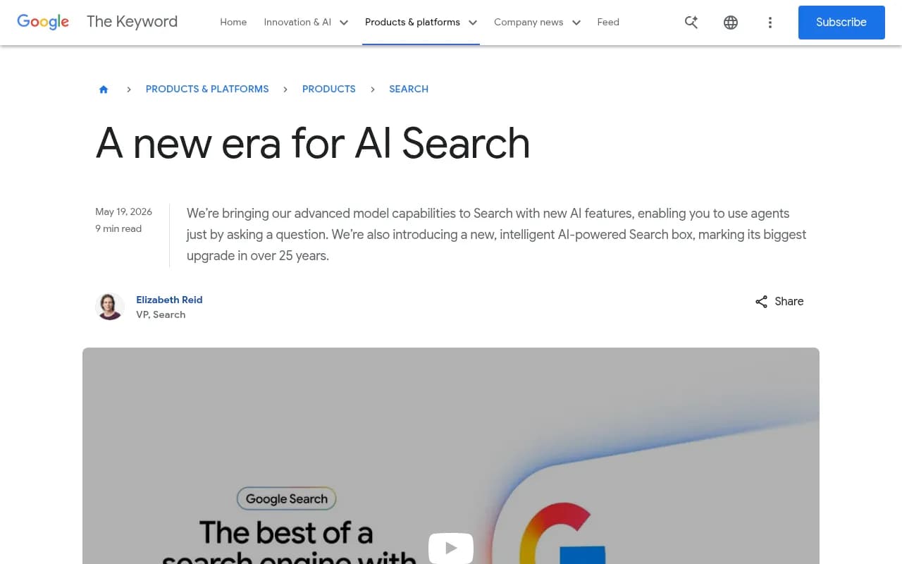 Google's I/O 2026 blog post announcing the new era for AI Search with agent capabilities