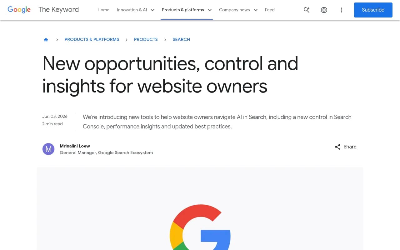 Google blog post announcing new tools for website owners to navigate AI in Search, including new Search Console controls and performance insights