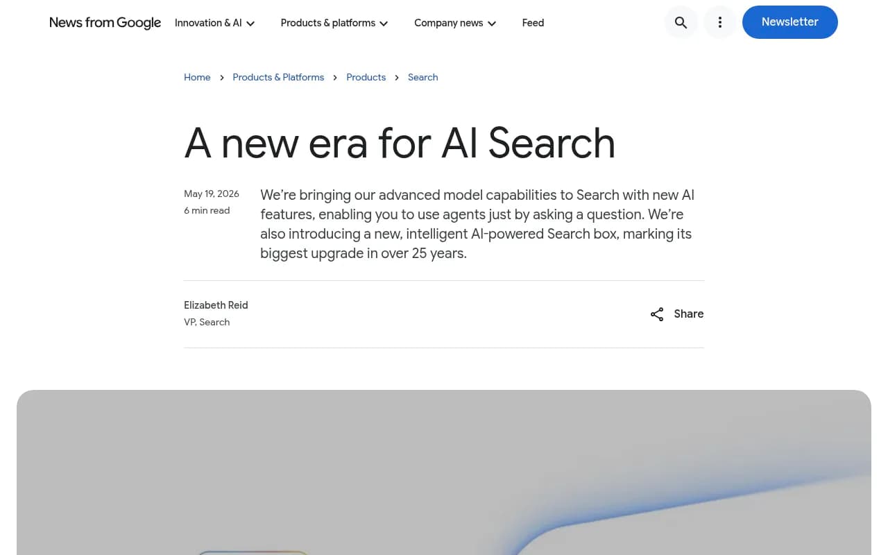 Screenshot of Google's official I/O 2026 announcement about AI agents in Search, which introduced Universal Cart and new agentic shopping capabilities