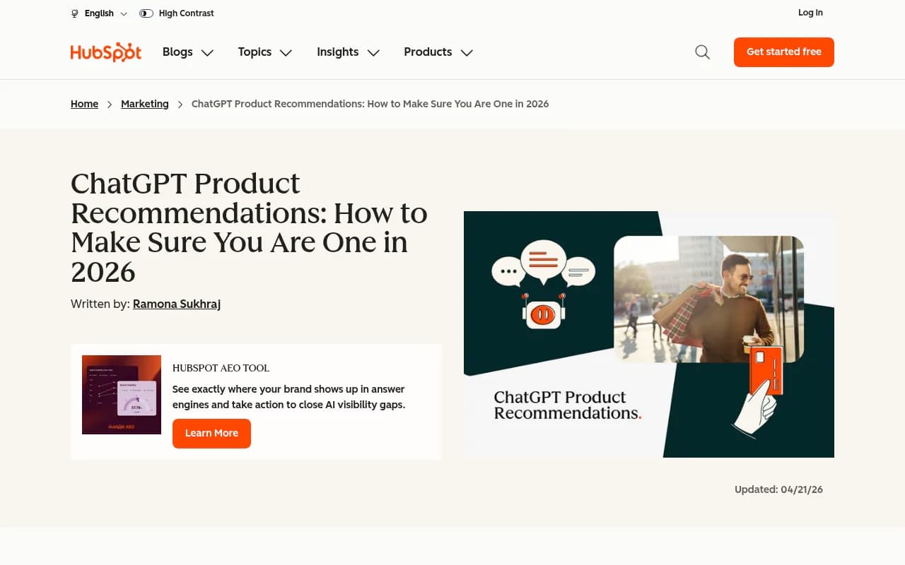 ChatGPT product recommendations guide from HubSpot showing how AI shopping works in 2026