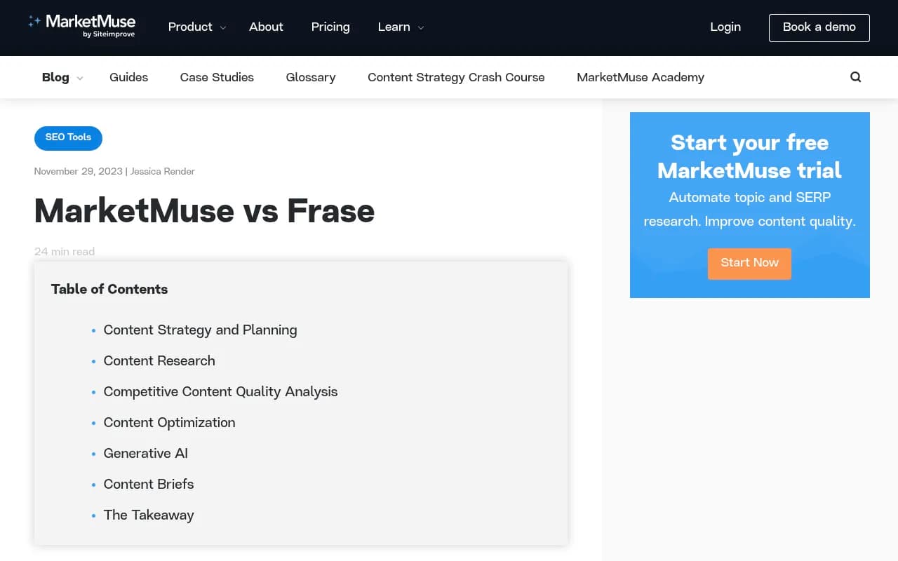 MarketMuse vs Frase comparison overview from the MarketMuse blog