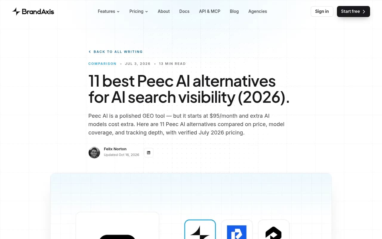BrandAxis comparison of Peec AI alternatives with pricing