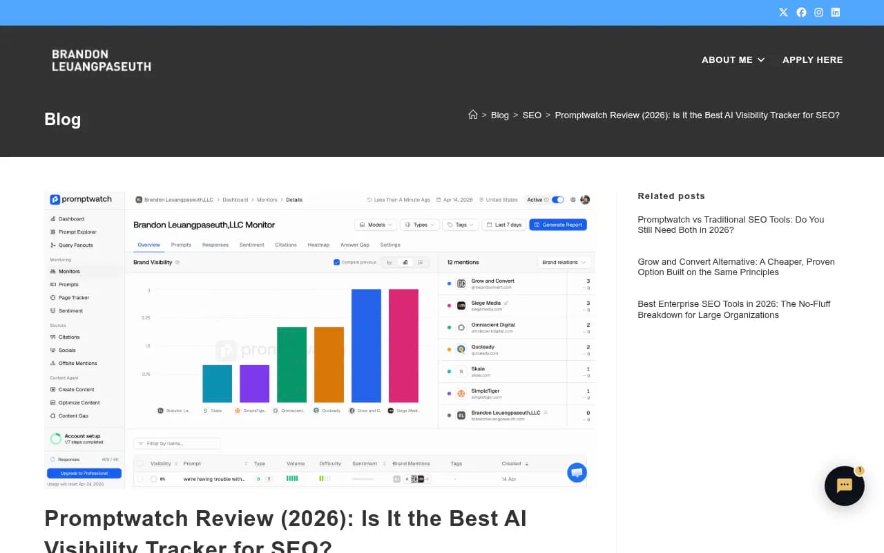 Promptwatch 2026 review by independent SEO consultant Brandon Leuangpaseuth, showing the platform's Answer Gap and crawler log features