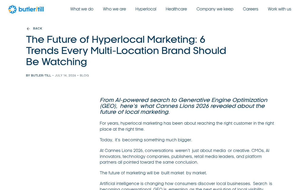 Butler/Till's 2026 hyperlocal marketing trends article