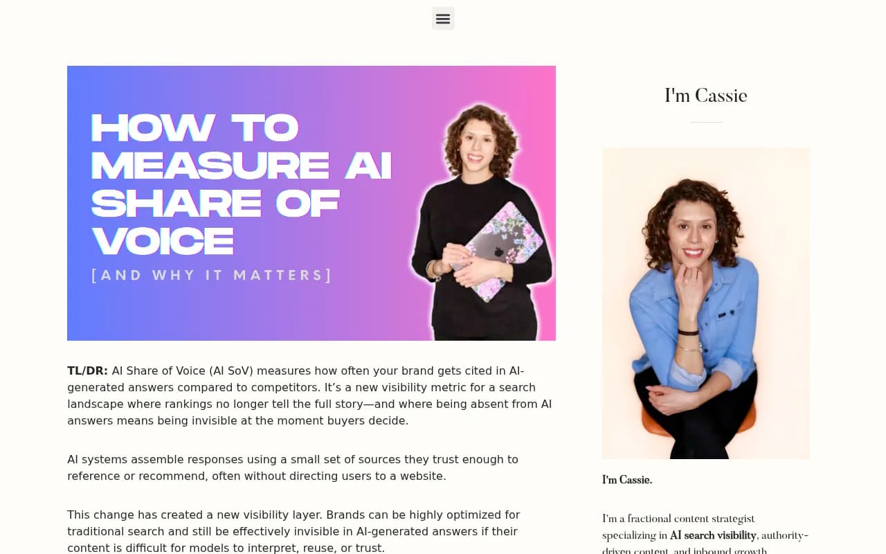 AI Share of Voice measurement guide from Cassie Clark showing how brands are tracked across AI answer engines