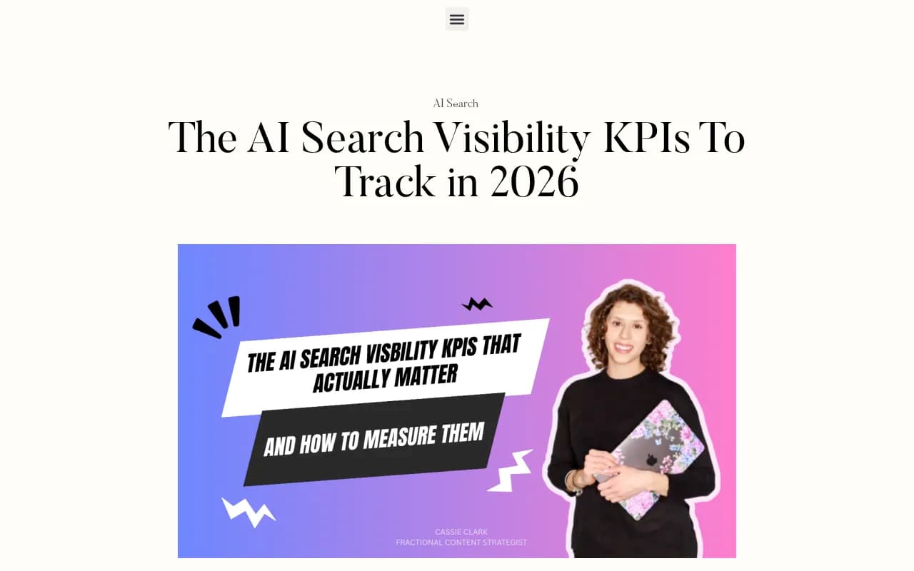 AI Search Visibility KPIs framework by Cassie Clark showing the FSA measurement model