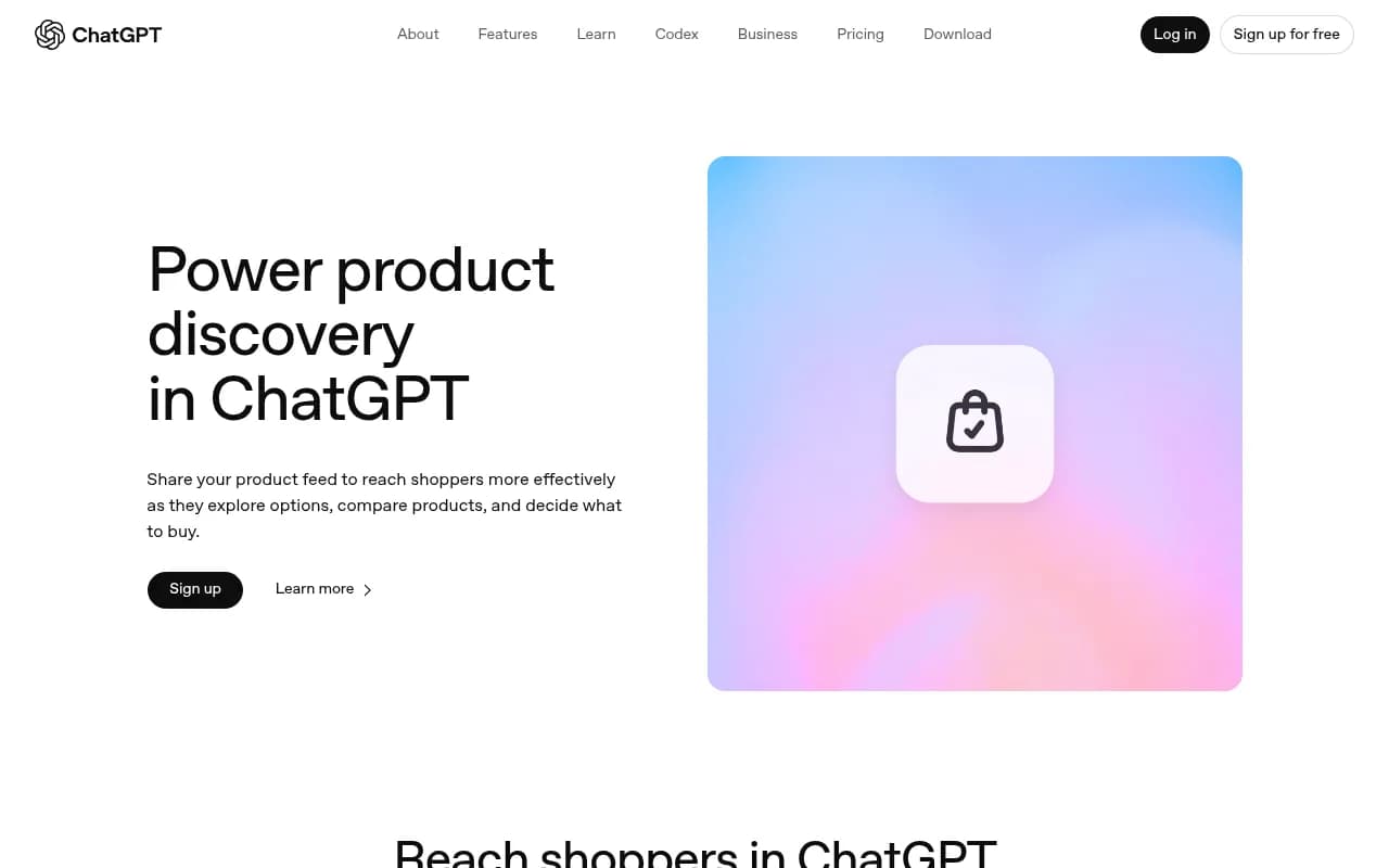 OpenAI's ChatGPT merchant program page showing how brands can share product feeds to appear in AI-powered shopping results
