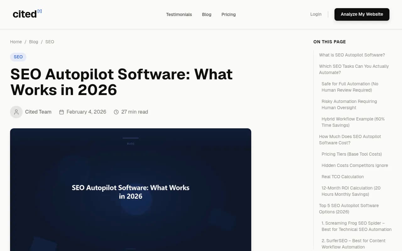 Cited's breakdown of SEO autopilot software categories and their risk profiles