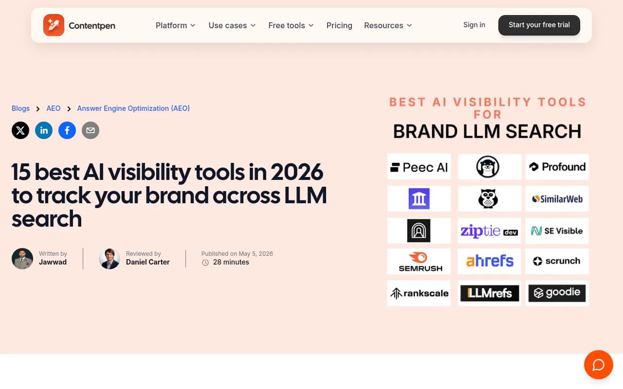 Comparison of AI visibility tools in 2026 from ContentPen's research