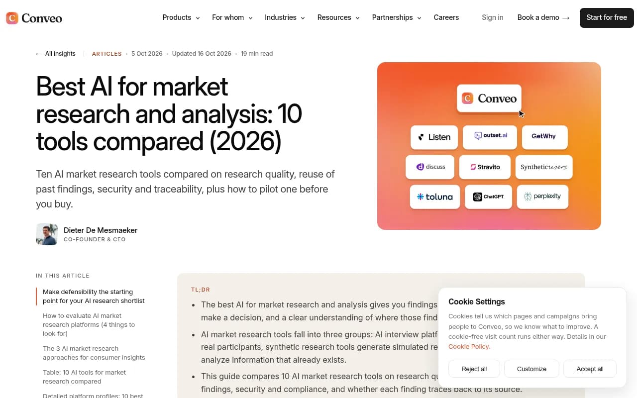 Conveo's comparison of AI market research tools, sorting them by whether answers come from real people