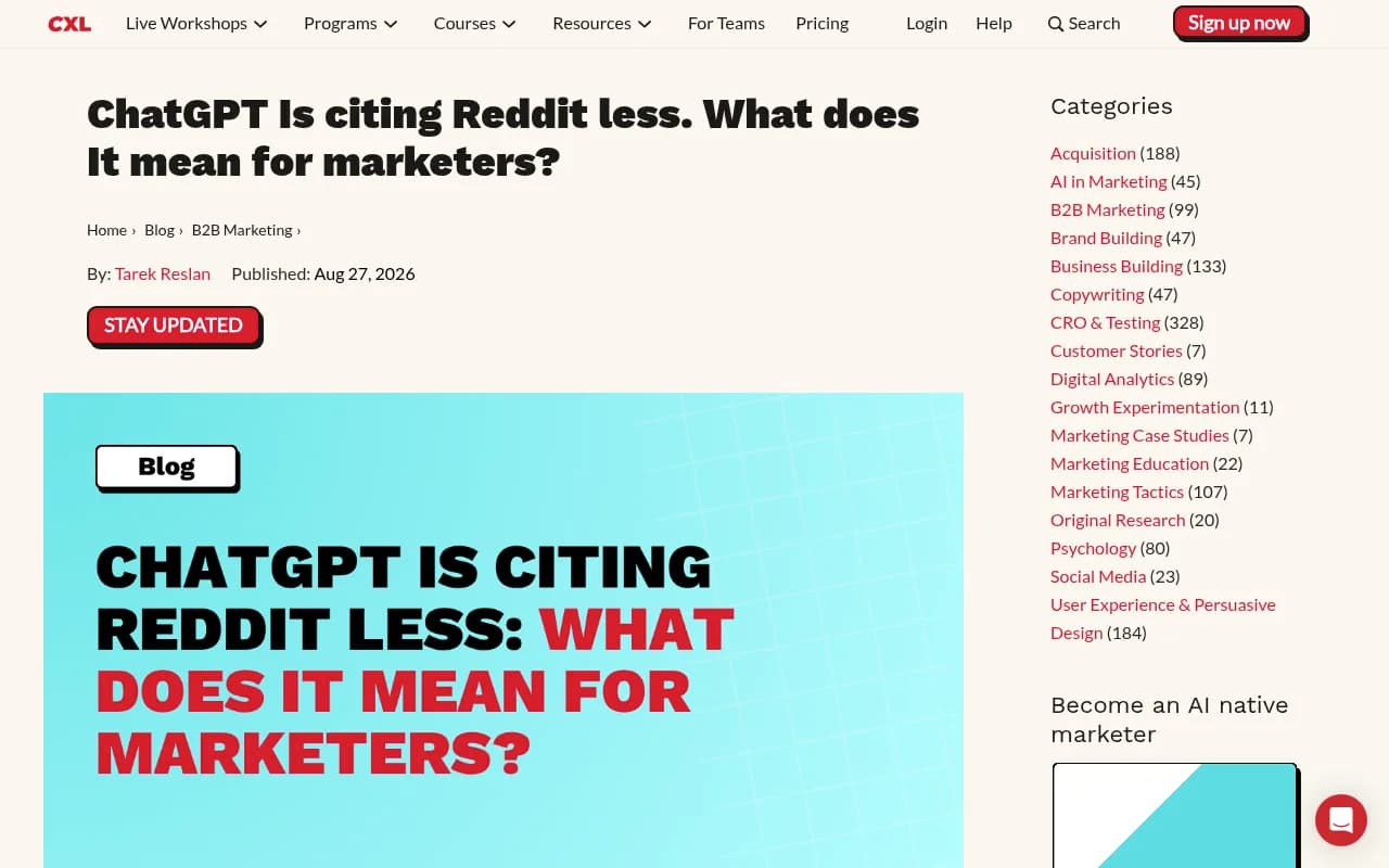 CXL's analysis of the ChatGPT Reddit citation drop, covering the Promptwatch data and Reddit user reactions