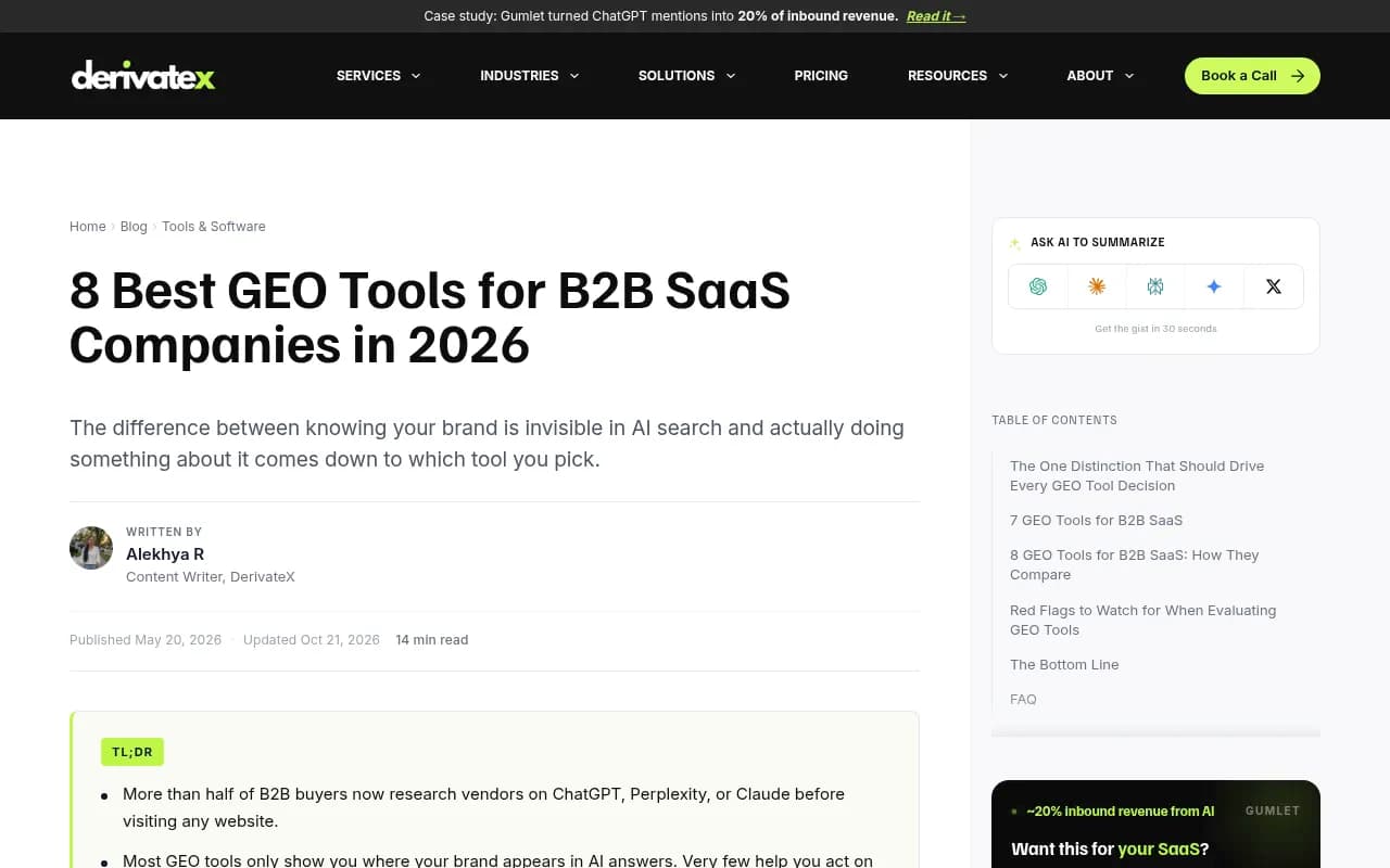 DerivateX's 2026 roundup of GEO tools for B2B SaaS, which frames the monitoring-versus-optimization split