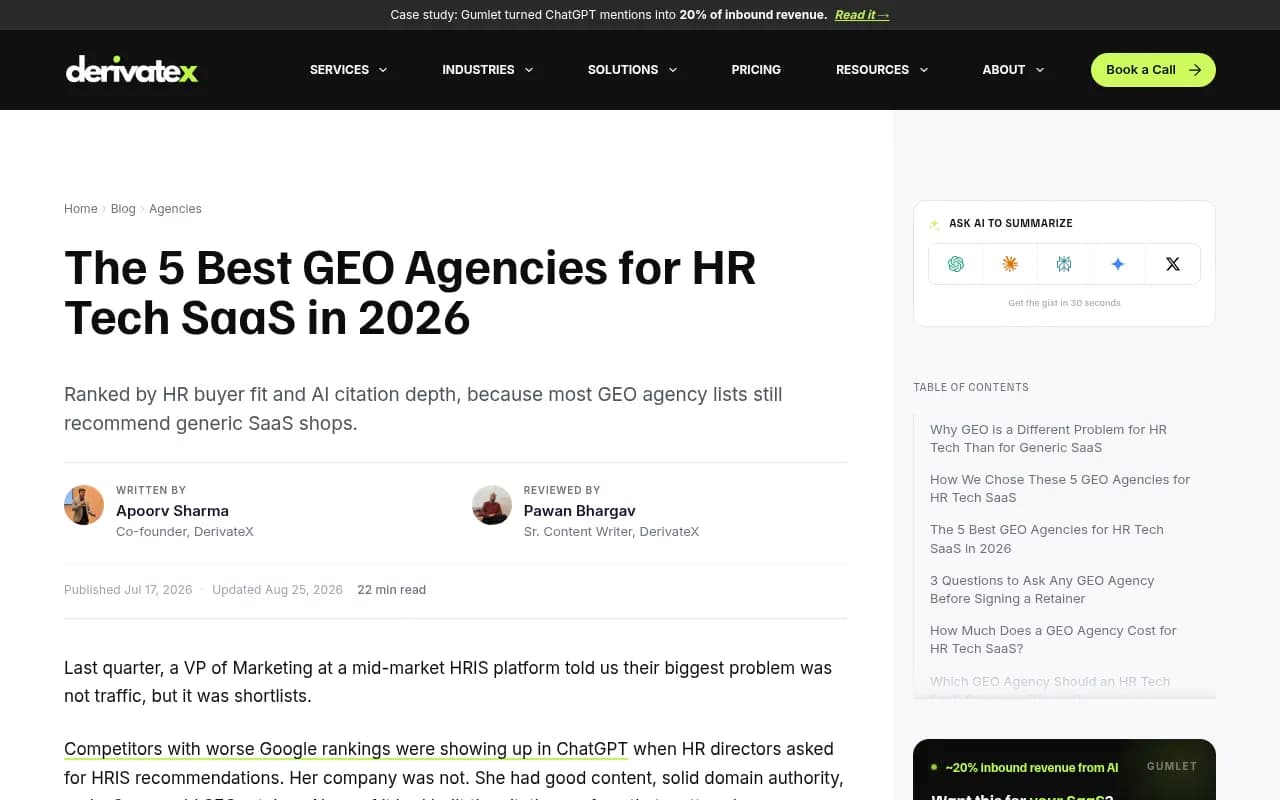DerivateX article on GEO agencies for HR tech SaaS