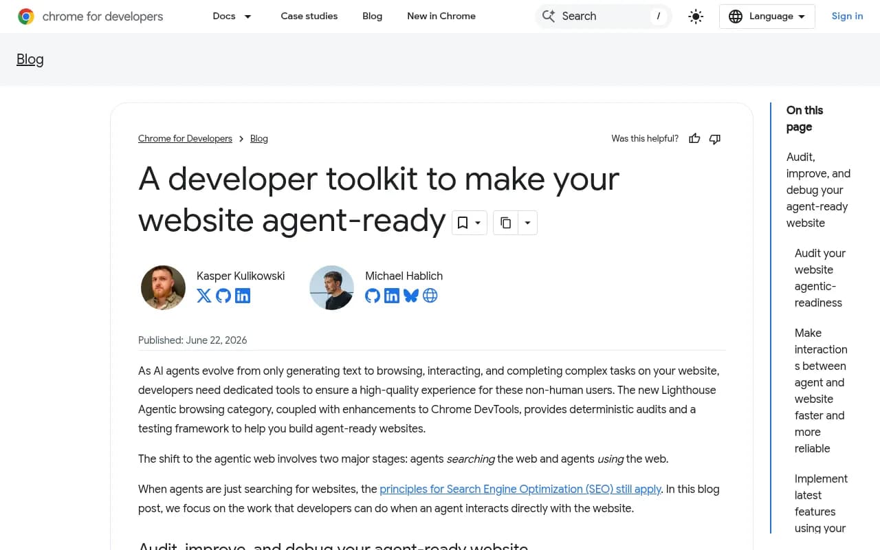 Chrome for Developers blog post introducing the agent-ready toolkit, covering Lighthouse's Agentic Browsing audits and WebMCP