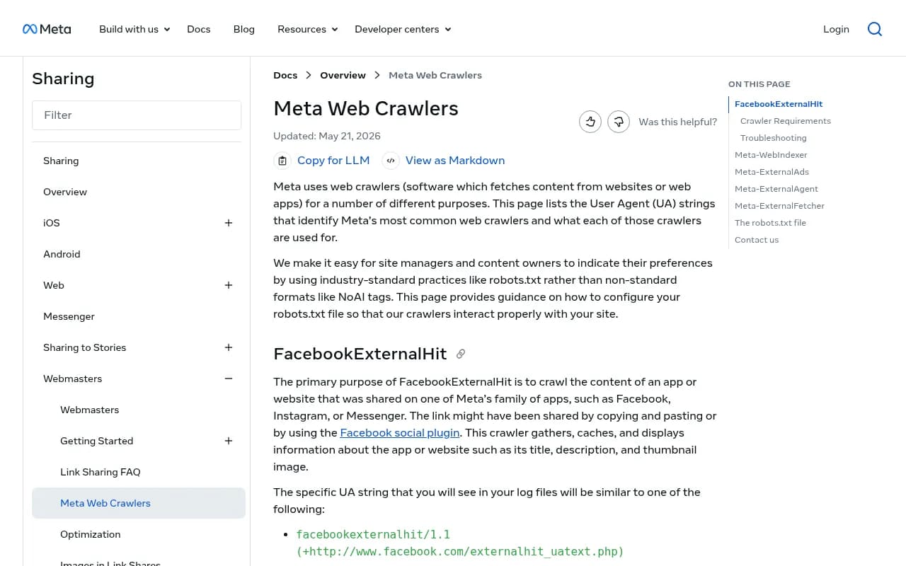 Meta's official web crawlers documentation listing each user agent and its purpose