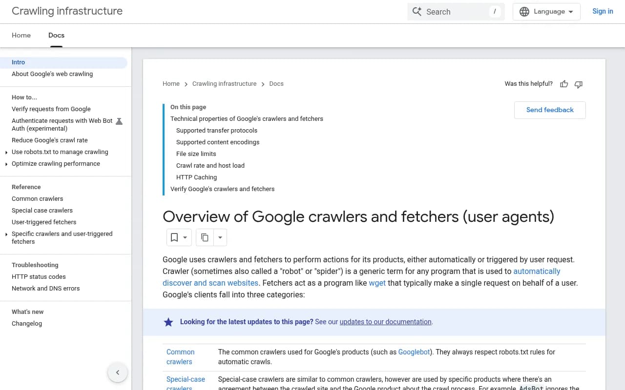 Overview of Google's crawlers and fetchers documentation page listing Googlebot, GoogleOther, Google-Extended and other user agents